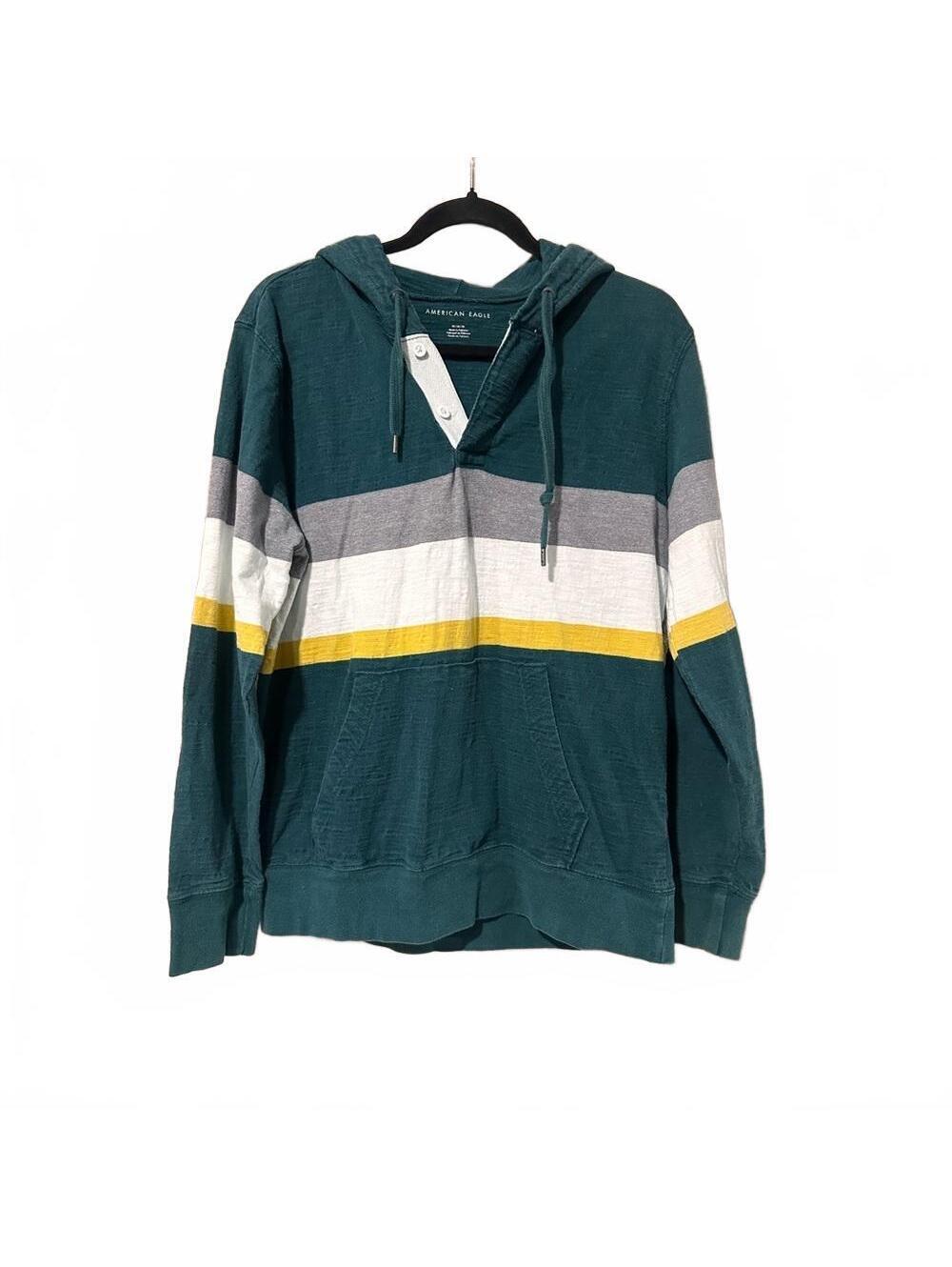 American Eagle Outfitters Men's Teal Striped V-Neck Sweater